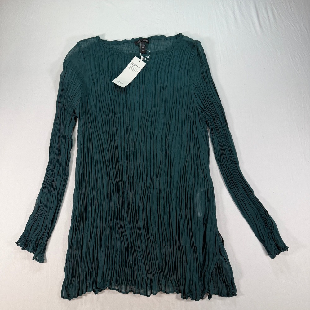 Eileen‎ Fisher Crinkled Sheer Silk Georgette Tunic Women's XS Green Long Sleeve